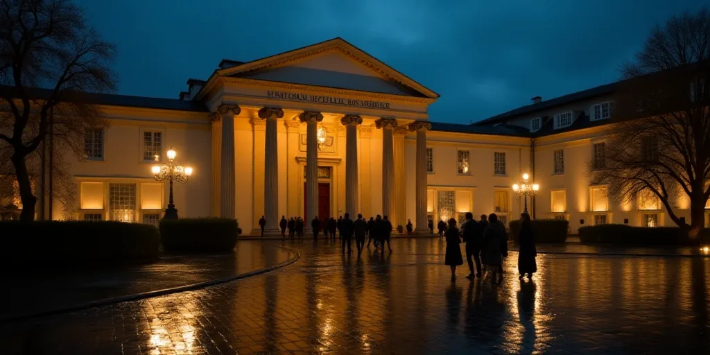 a blurry photo of a building with columns and people walking in the rain outside it at night time, C