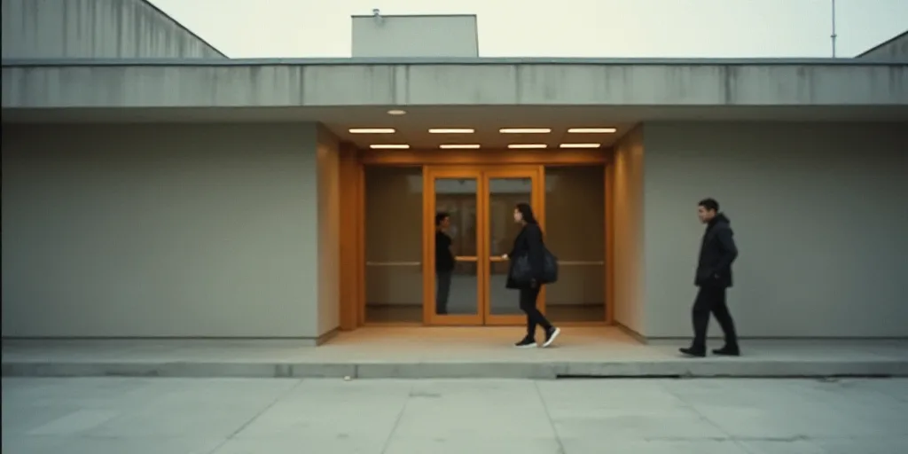 a blurry photo of a building with a person walking in front of it and a person walking out the front