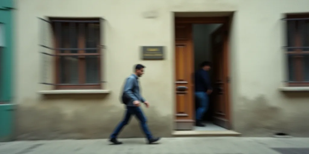 a blurry photo of a building with a person walking in front of it and a person walking out the front