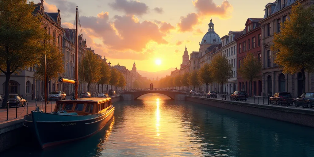 a boat is docked in a canal with buildings in the background at sunset in a city with tall buildings