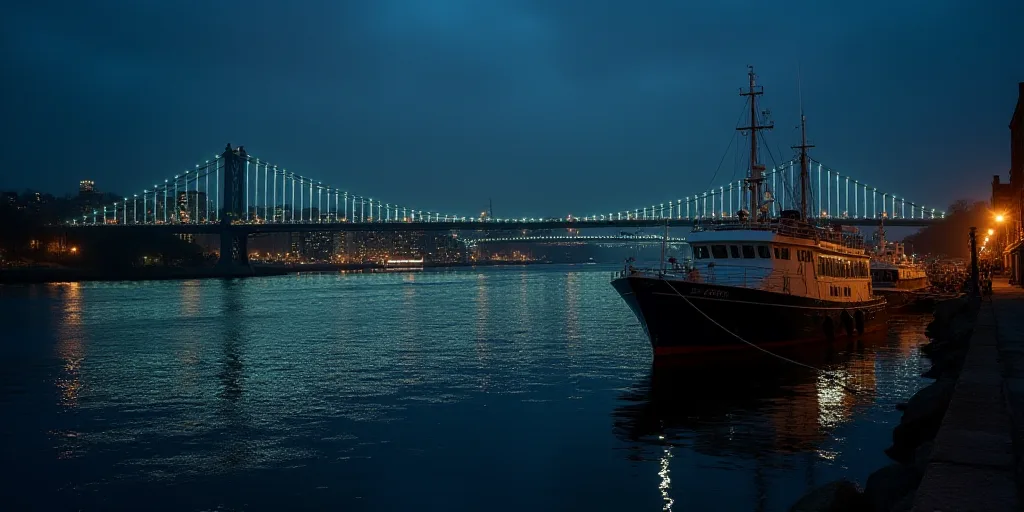 a boat is docked in the water near a bridge and a city at night time with lights on it, Elaine Duill