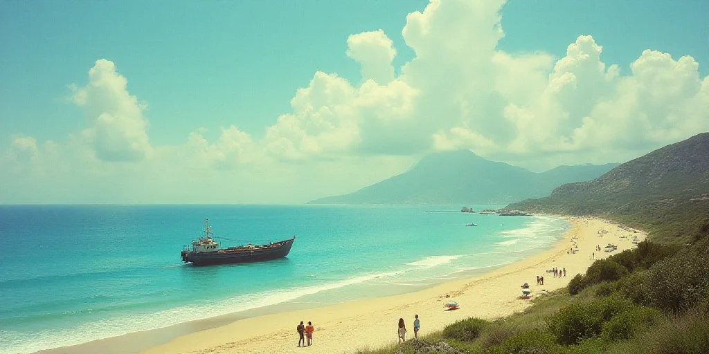 a boat is on the water near a beach with people walking on it and a boat in the water, Estuardo Mald