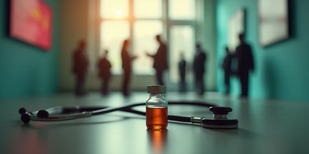 a bottle of vaccine next to a stethoscope and a silhouette of people on a wall with a sign, Art Fitz