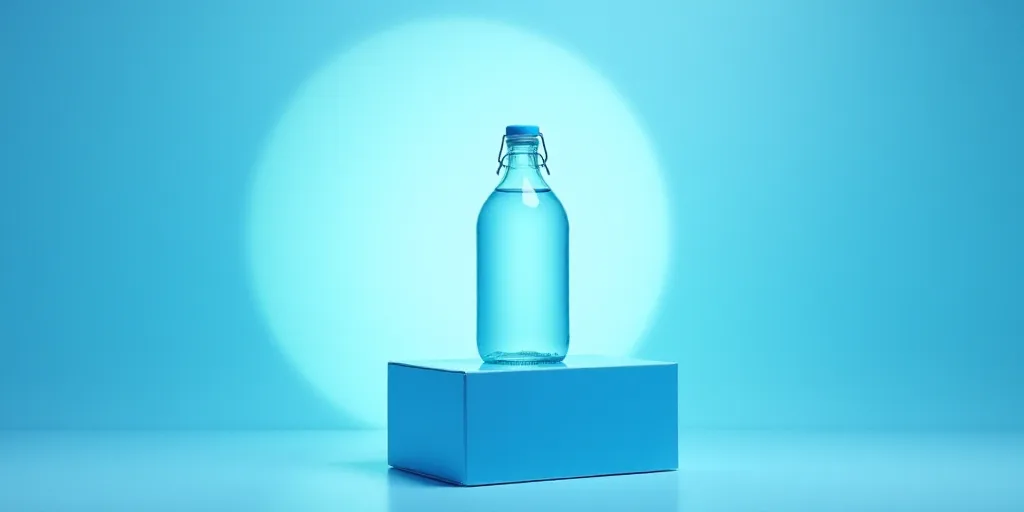 a bottle of water sitting on top of a box of water on a blue background with a blue circle, Évarist