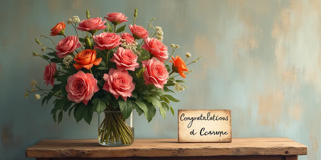 a bouquet of flowers with a sign on it sitting on a table with a sign on it that says congratulation