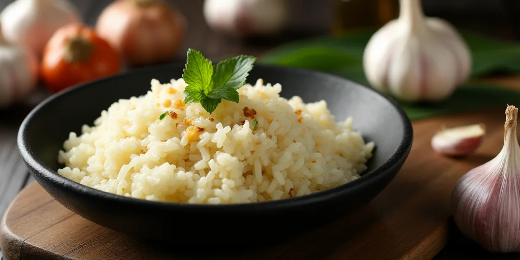 a bowl of rice, garlic, and other ingredients on a table top with garlic oil and garlic oil, Andries
