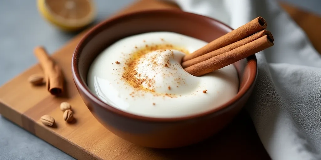 a bowl of yogurt with cinnamon sticks on a cutting board next to a napkin and a napkin, Betty Merken