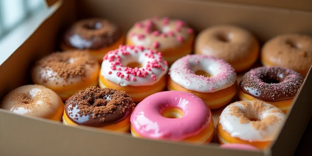 a box of doughnuts with frosting and sprinkles on them, including one of them is a dozen, Eden Box,