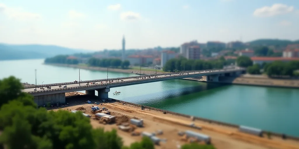 a bridge over a body of water with a city in the background and people walking on it and a construct