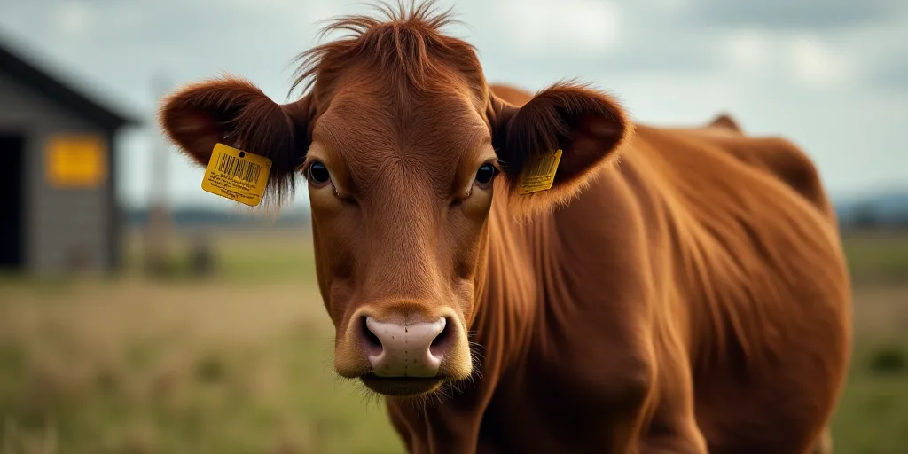 a brown cow with a yellow tag on its ear and a building in the background with a yellow tag on its e