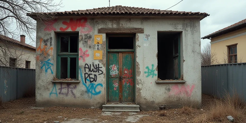 a building that has been destroyed and has graffiti on it and a rope on the door and windows that ar