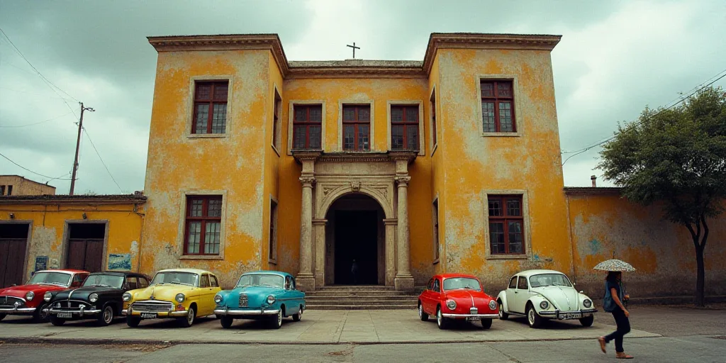 a building with a bunch of cars parked in front of it and people walking around the building and a p