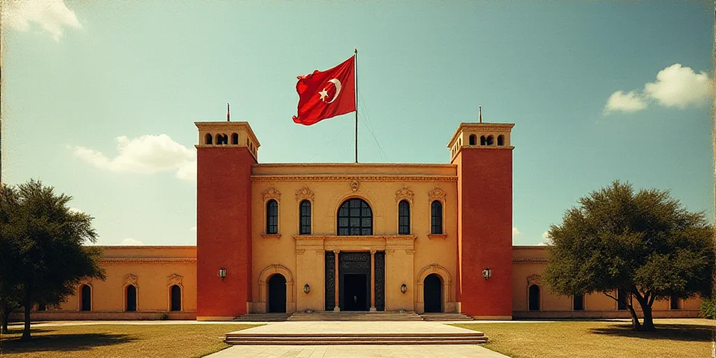 a building with a flag flying from the top of it's roof and trees in front of it, David Alfaro Sique