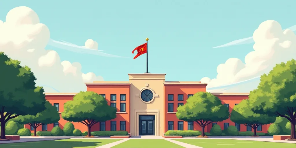 a building with a flag on top of it and trees in front of it and a flagpole on top of it, Carlos Tri