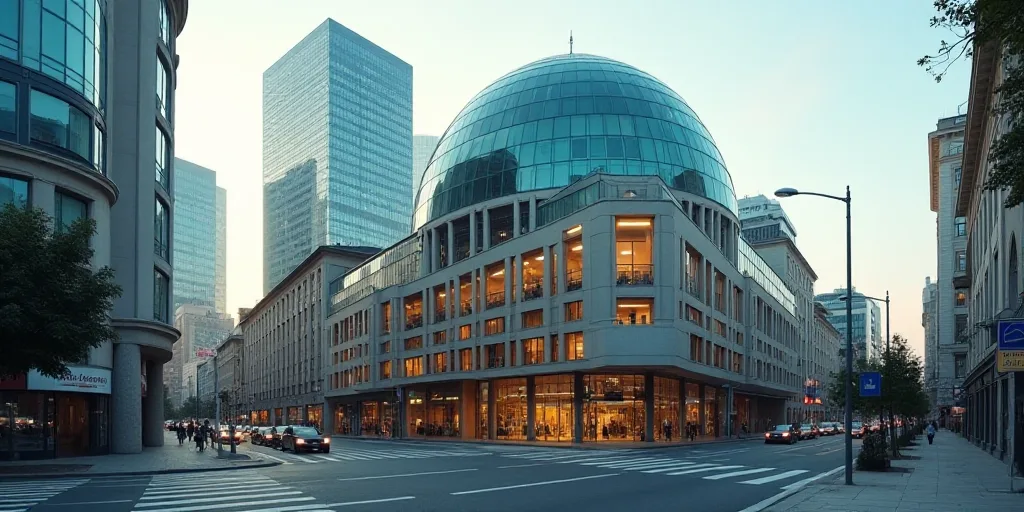 a building with a glass dome on top of it in a city street with tall buildings in the background, Ce