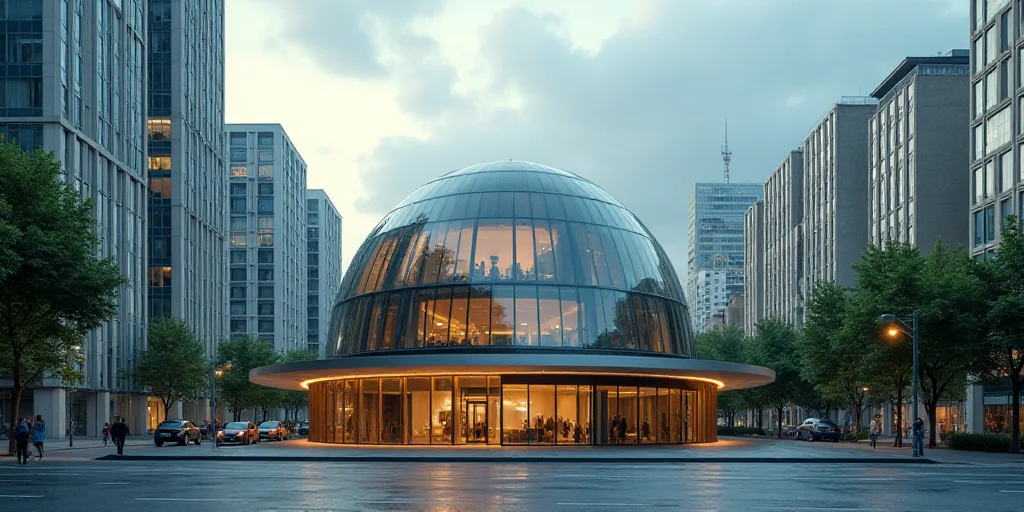 a building with a glass dome on top of it in a city street with tall buildings in the background, Ce
