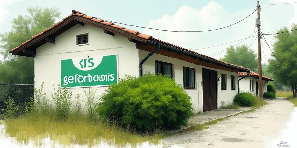 a building with a green and white sign on it's side and a bush in front of it, Celia Fiennes, logo,