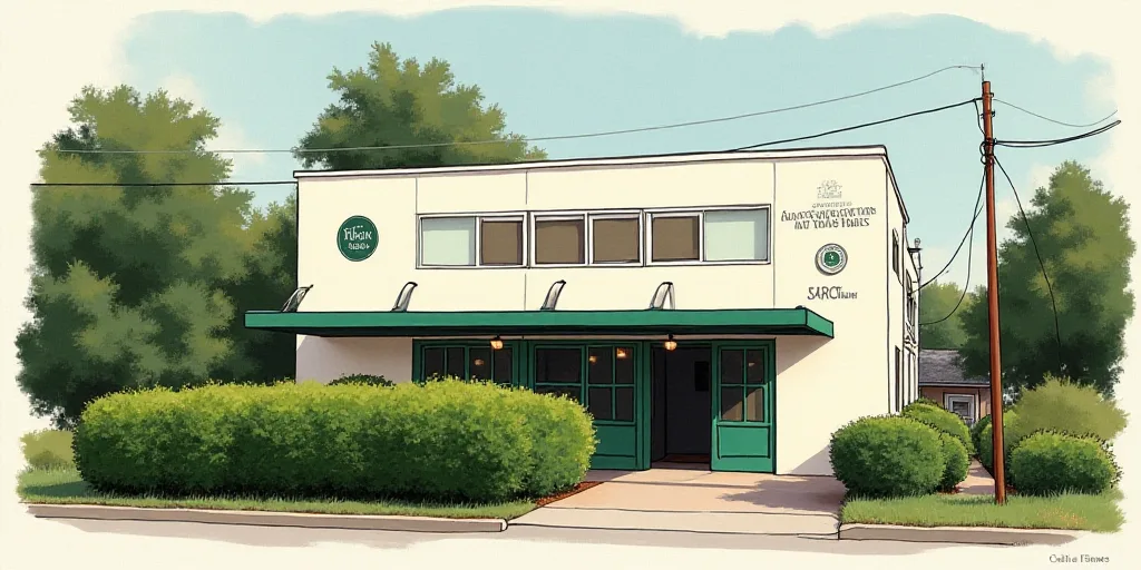a building with a green and white sign on it's side and a bush in front of it, Celia Fiennes, logo,