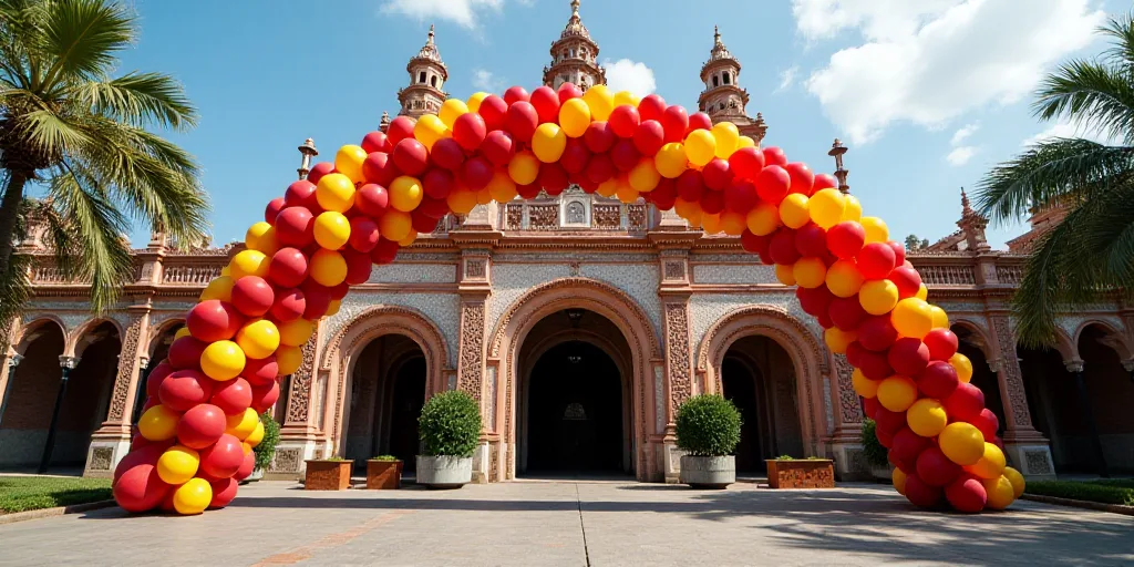 a building with a large arch decorated with balloons and streamers in front of it that says caa pomp