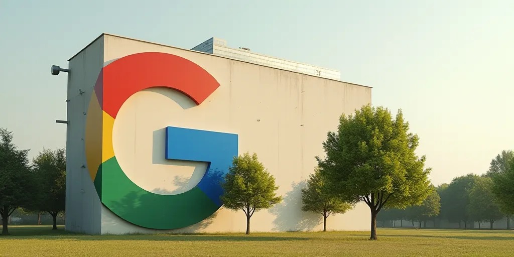 a building with a large google logo on it's side and trees in front of it and a tree in front of it,