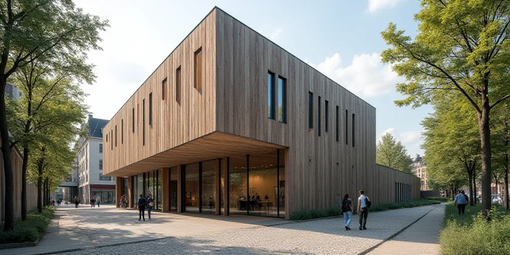 a building with a large sign on the side of it's side walk next to trees and people, De Hirsh Margul