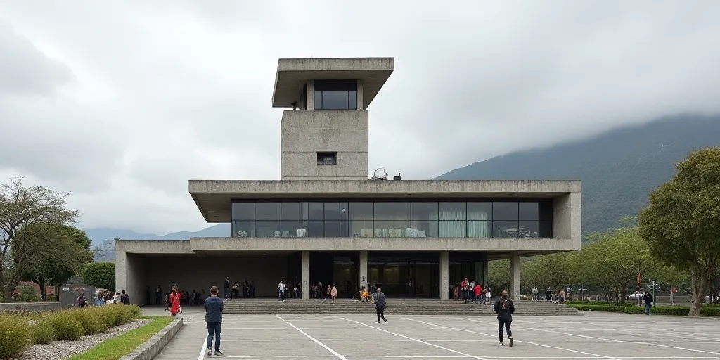 a building with a large tower on top of it's roof and a parking lot below it with people standing ou