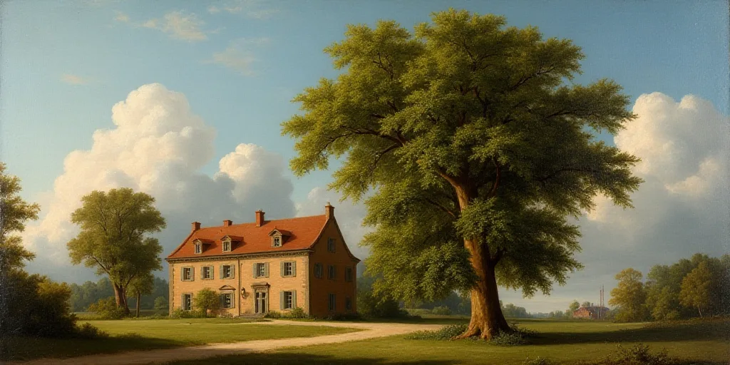 a building with a large tree in front of it and a sky background with clouds in the sky above, Engue