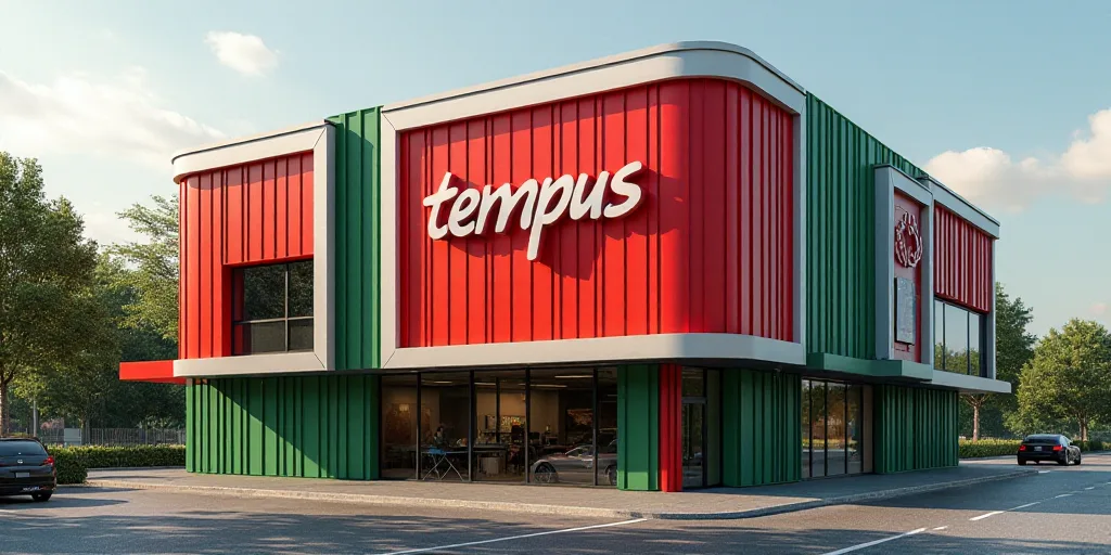 a building with a red and green facade and a red and white sign that says tempus 38, Carlos Trillo N