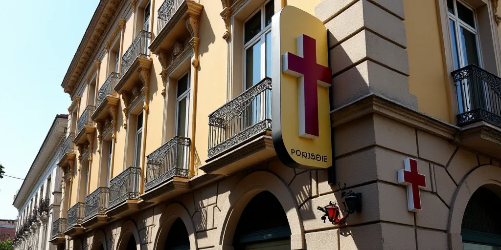 a building with a sign on the front of it that says hotel ariis in spanish and a red cross on the co
