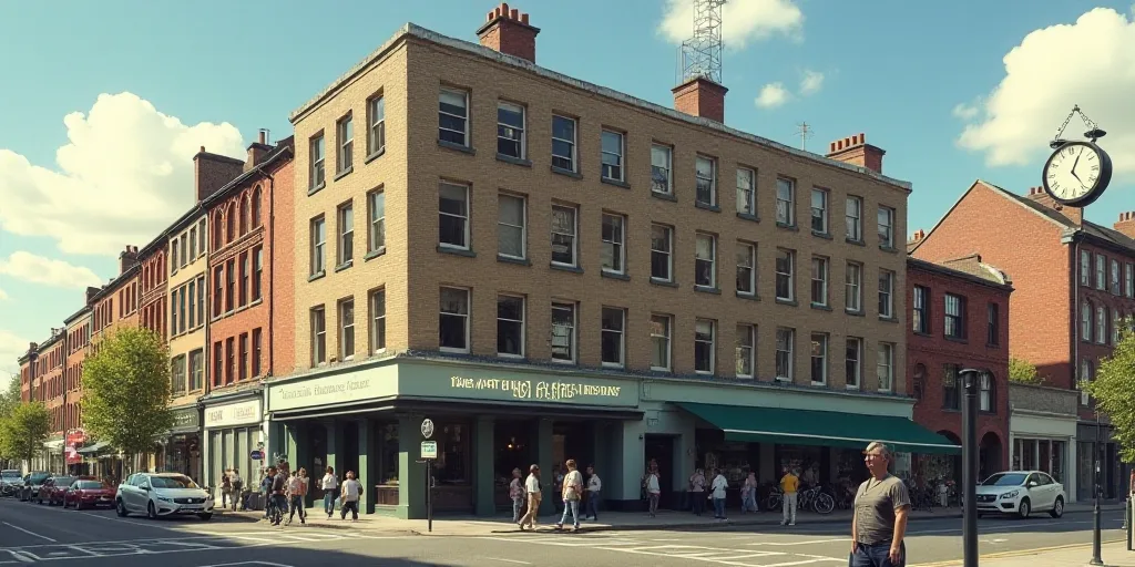a building with a sign that says the return of the tea company on it's side and a clock on the outsi