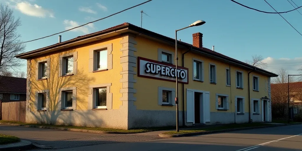a building with a sign that says supercito on it's side and a street light in front of it, Altichier