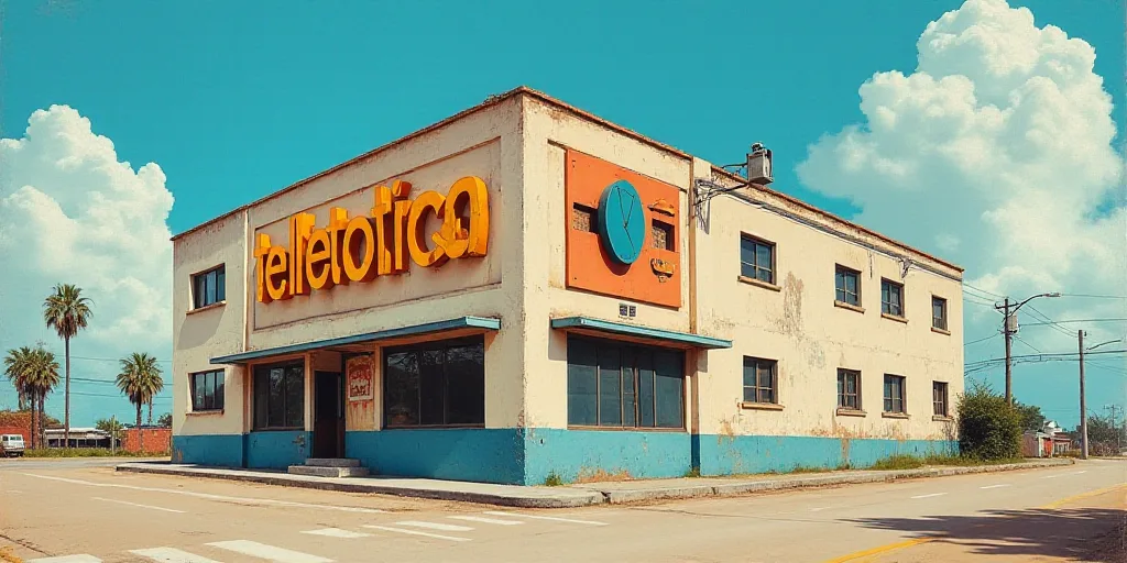 a building with a sign that says teletotica on it's side and a sky background behind it, Carlos Tril