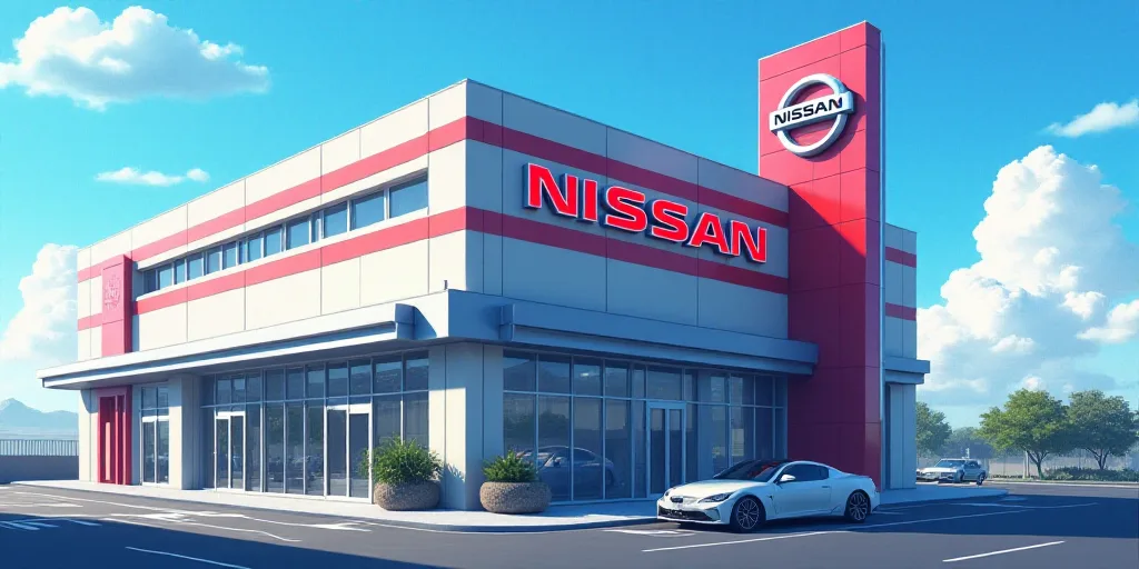 a building with a sign that says nissan on it's side and a sky background behind it that says nissan