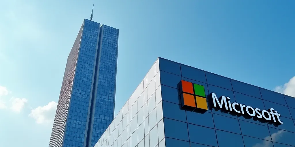 a building with a sign that says microsoft on it's side and a skyscraper in the background with a bl
