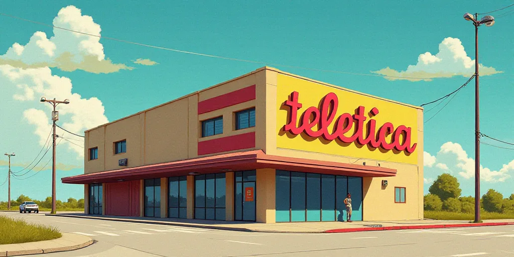 a building with a sign that says teletotica on it's side and a sky background behind it, Carlos Tril