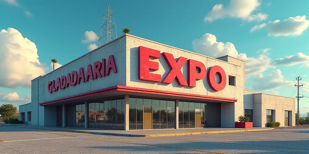 a building with a sign that says expo guadalajararia on it's side and a sky background with clouds,