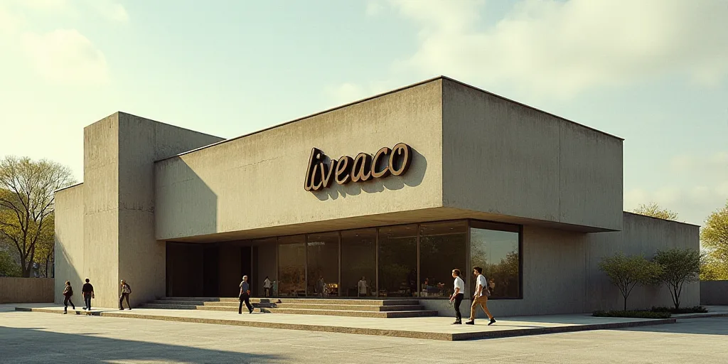 a building with a sign that says liveaco on it's side and people walking outside of it, Andrew Rober