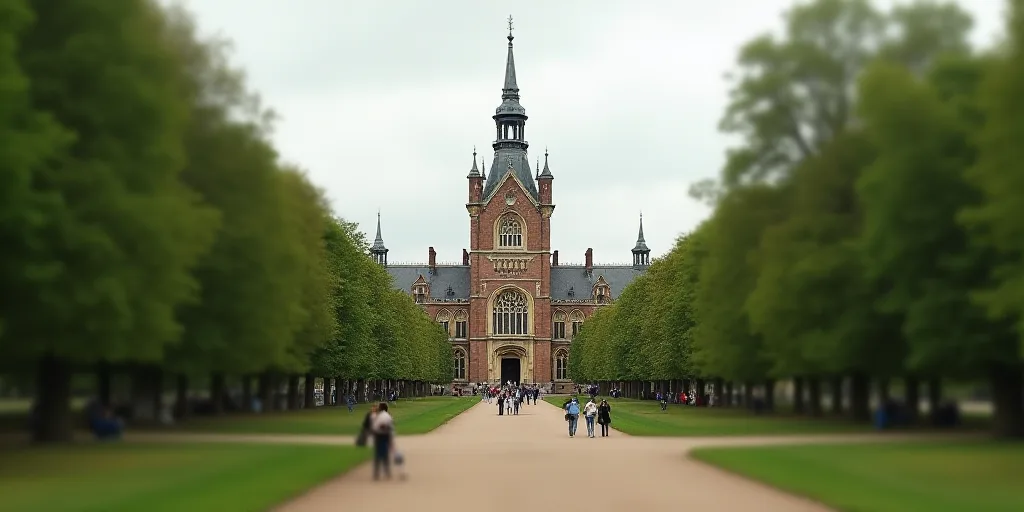 a building with a spire on top of it surrounded by trees and people walking around it in a park, Chr