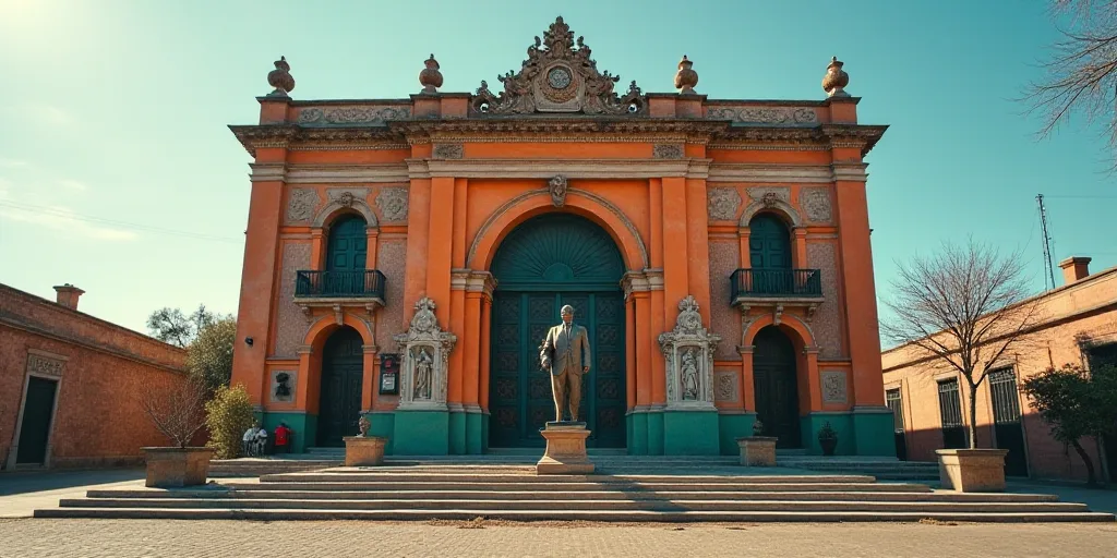 a building with a statue of a man on the front of it and a sign that says bano de mexico, David Alfa