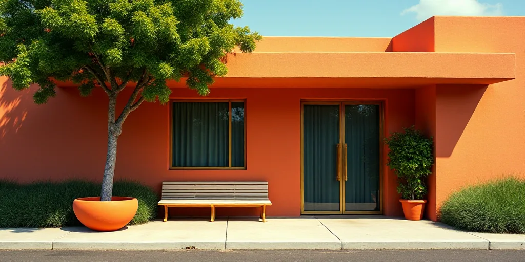 a building with a tree and a bench under a canopy over it's entrance area and a potted plant, Carol