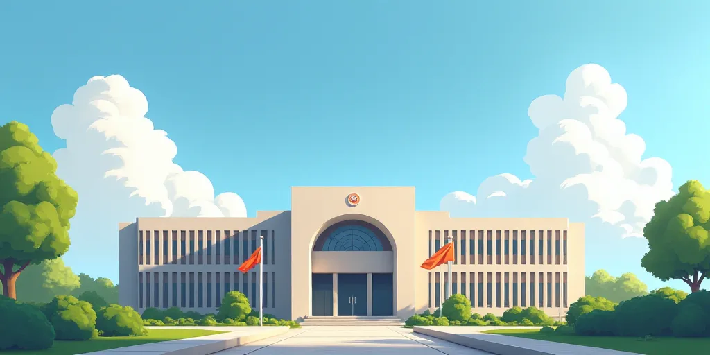 a building with flags in front of it and a sky background with clouds in the background and a few cl