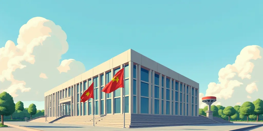 a building with flags in front of it and a sky background with clouds in the background and a few cl