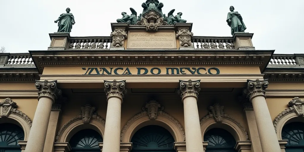 a building with statues on the front of it and a sign above it that says banco mexico on the front,