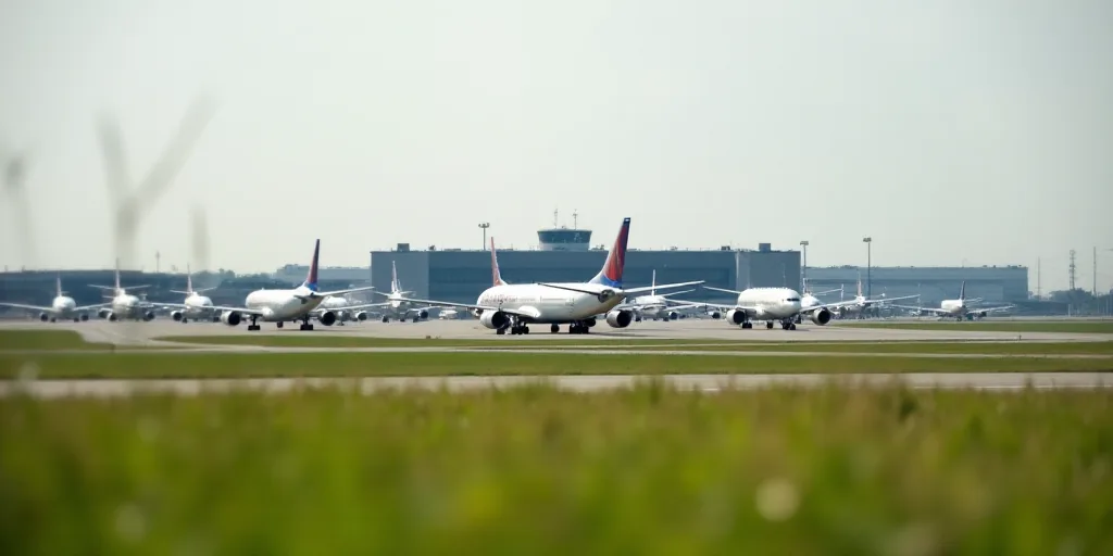 a bunch of airplanes are parked on the runway at an airport with buildings in the background and gra