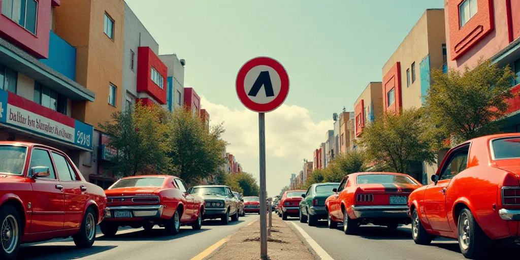 a bunch of cars that are in the street together in traffic, with a no left turn sign in the middle,