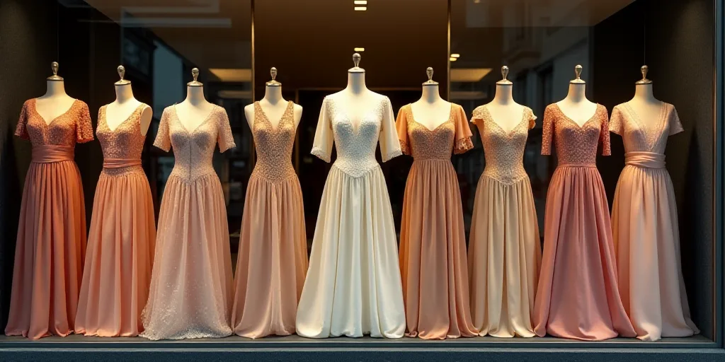 a bunch of dresses are on display in a store window with a price tag on them and a price tag on the