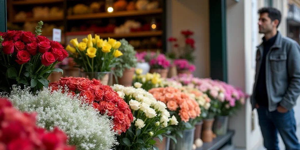 a bunch of flowers are on display in a store window for sale in a market place with a man standing n