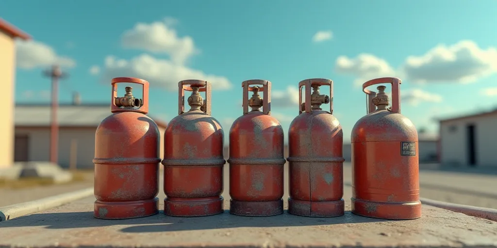 a bunch of gas cylinders are lined up together on a table outside of a building with a blue sky in t
