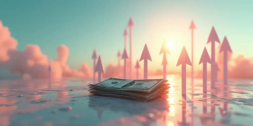 a bunch of money sitting on top of a table next to arrows and arrows pointing up to the sky, Aquirax