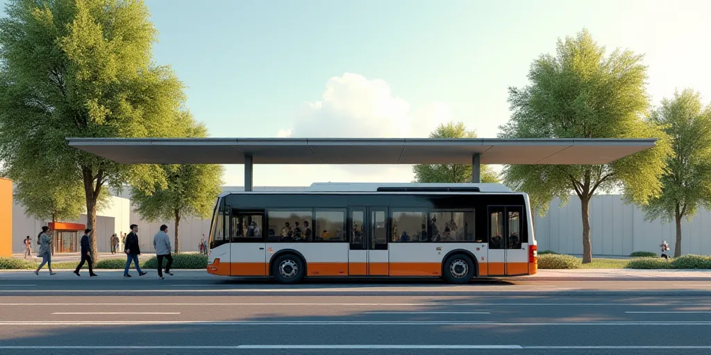 a bus is parked at a bus stop with people walking by it and a bus stop with a bus, Aquirax Uno, rend